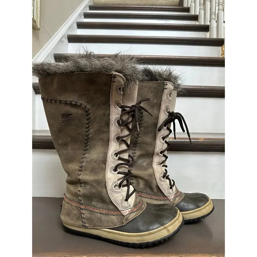Sorel Cate The Great Tall Winter Boots Women's Size 7 Taupe leather faux fur